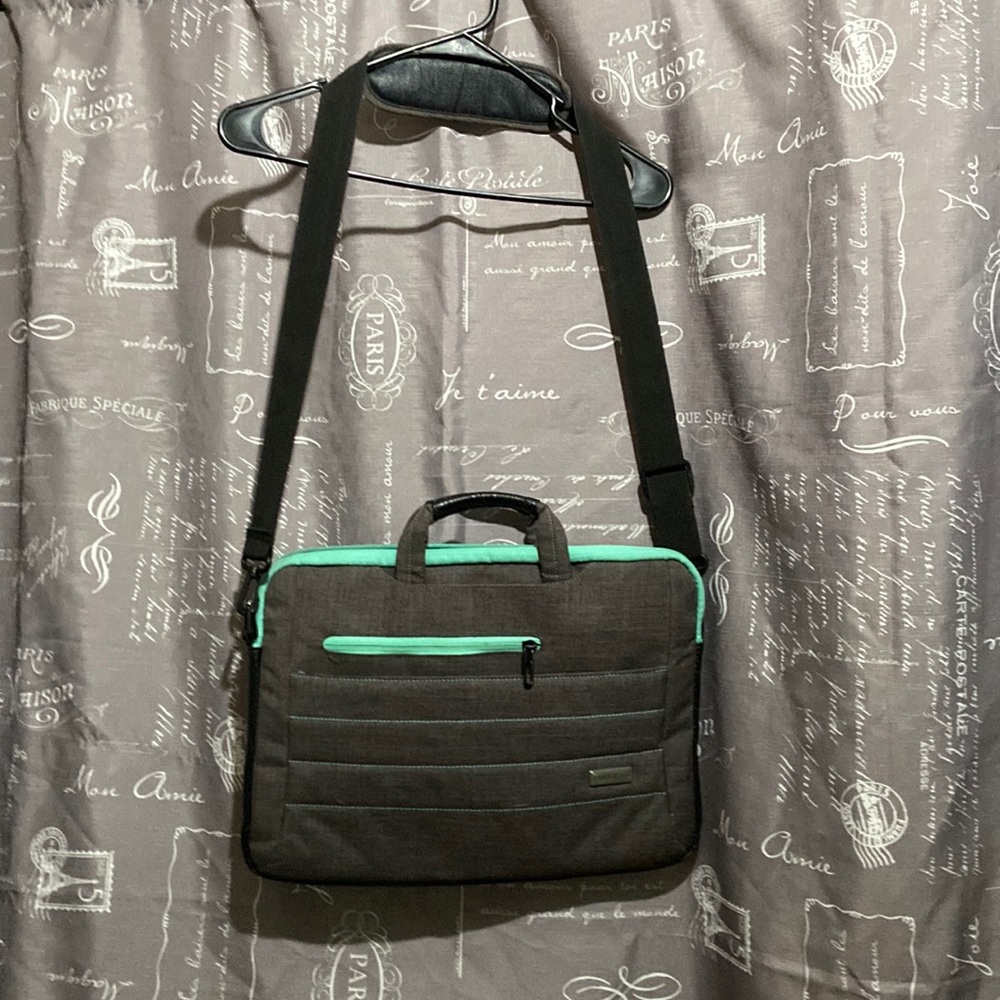 Heather gray and mint green laptop bag